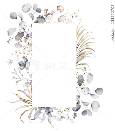 Rectangular eucalyptus leaf frame in watercolor style. Perfect for wedding invitations, greeting cards, and holiday templates. Includes botanical elements and floral arrangement. Rectangular eucalyptus leaf frame in watercolor style. Perfect for wedding invitations, greeting cards, and holiday templates. Includes botanical elements and floral arrangement. 133333707