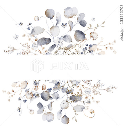 Eucalyptus leaf framework in watercolor style. Ideal for greeting cards, invitations, and wedding templates. Floral and botanical hand drawn elements. 133333708