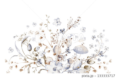 Watercolor botanical arrangement with dried flowers for wedding and invitation. Floral illustration for card and stationery. Isolated composition for design and decoration. Watercolor botanical arrangement with dried flowers for wedding and invitation. Floral illustration for card and stationery. Isolated composition for design and decoration. 133333717