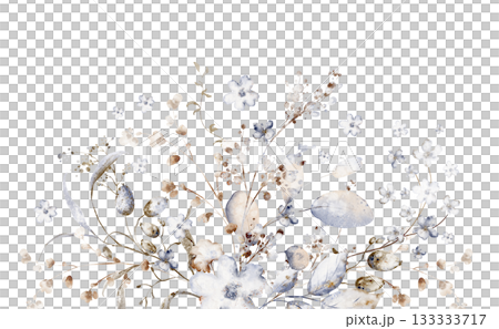 Watercolor botanical arrangement with dried flowers for wedding and invitation. Floral illustration for card and stationery. Isolated composition for design and decoration. Watercolor botanical arrangement with dried flowers for wedding and invitation. Floral illustration for card and stationery. Isolated composition for design and decoration. 133333717