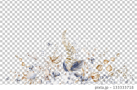 Watercolor botanical arrangement with dried flowers for wedding and invitation. Floral illustration for card and stationery. Isolated composition for design and decoration. 133333718