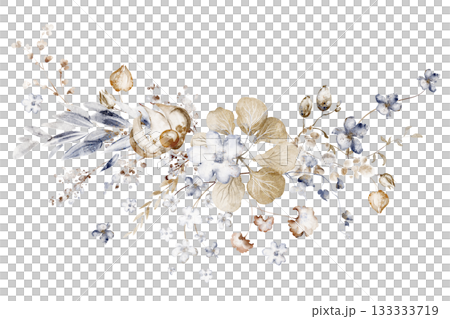 Watercolor botanical arrangement with dried flowers for wedding and invitation. Floral illustration for card and stationery. Isolated composition for design and decoration. Watercolor botanical arrangement with dried flowers for wedding and invitation. Floral illustration for card and stationery. Isolated composition for design and decoration. 133333719