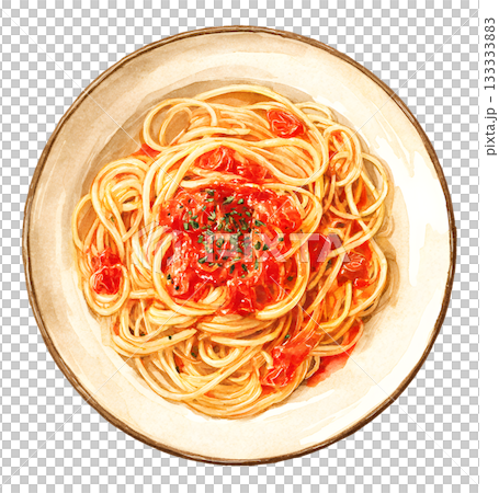 水彩畫_番茄醬義大利麵_俯視圖 水彩畫_番茄醬義大利麵_俯視圖 133333883