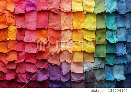 Clothing production. Flat lay. Multi-colored fabrics. Scraps arranged in a rainbow gradient. White background. 133334142