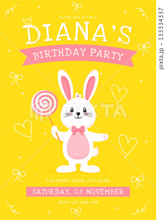 Cute Bunny Rabbit Birthday Party Invitation Template Vector. 133334337