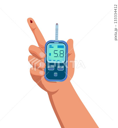 Hand holding a glucometer with analysis result Hand holding a glucometer with analysis result 133334412