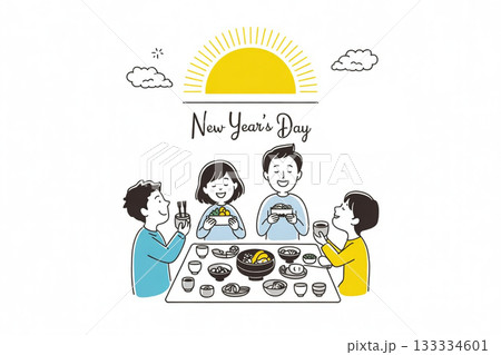 元旦に初日の出とおせちを楽しむ家族イラスト 133334601