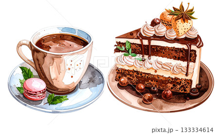チョコレートケーキとマカロンとコーヒーの水彩イラスト 133334614