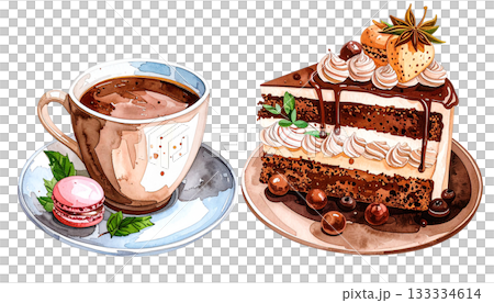 チョコレートケーキとマカロンとコーヒーの水彩イラスト 133334614