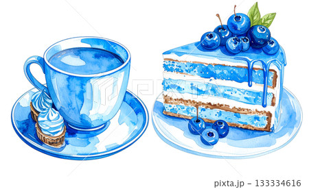 ブルーベリーケーキとハーブティーの水彩画イラスト 133334616