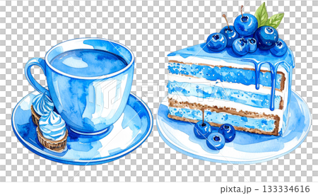 ブルーベリーケーキとハーブティーの水彩画イラスト 133334616