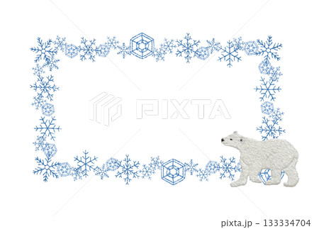 【雪の結晶とシロクマの四角枠】手刺繍イラスト素材 133334704