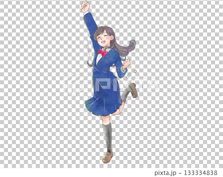 圖：一名女學生活力四射地跳躍 133334838