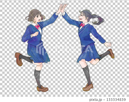 Illustration of two female students high-fiving Illustration of two female students high-fiving 133334839