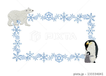 【雪の結晶とシロクマとペンギン親子の四角枠】手刺繍イラスト素材 【雪の結晶とシロクマとペンギン親子の四角枠】手刺繍イラスト素材 133334841