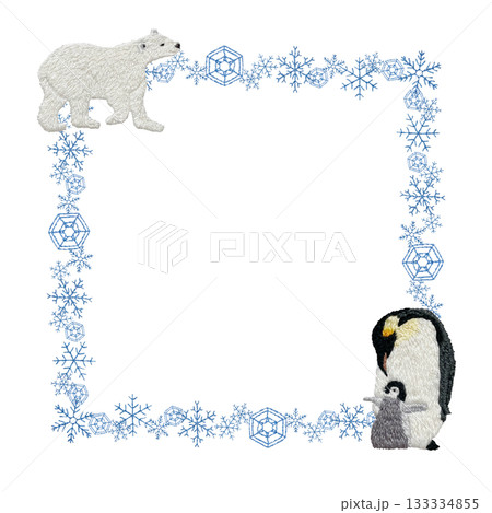 【雪の結晶とシロクマとペンギン親子の四角枠】手刺繍イラスト素材 【雪の結晶とシロクマとペンギン親子の四角枠】手刺繍イラスト素材 133334855