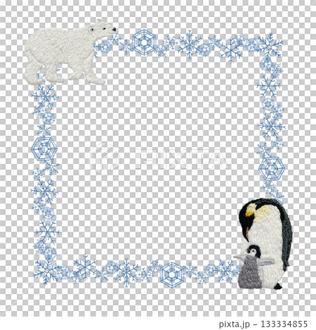 【雪の結晶とシロクマとペンギン親子の四角枠】手刺繍イラスト素材 【雪の結晶とシロクマとペンギン親子の四角枠】手刺繍イラスト素材 133334855
