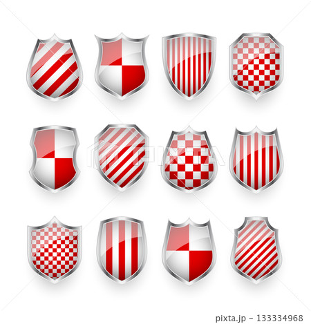 Glossy shields with red and black white. Security and protection concept. Cyber safety icons, internet privacy, web defense, digital data protection and antivirus themes. Vector illustration Glossy shields with red and black white. Security and protection concept. Cyber safety icons, internet privacy, web defense, digital data protection and antivirus themes. Vector illustration 133334968