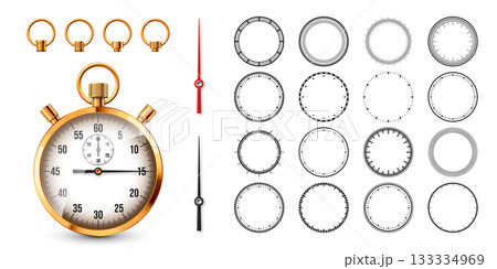 Realistic classic stopwatch. Shiny golden metal chronometer, time counter with dial. Countdown timer showing minutes and seconds. Time measurement for sport, start, finish. Vector illustration Realistic classic stopwatch. Shiny golden metal chronometer, time counter with dial. Countdown timer showing minutes and seconds. Time measurement for sport, start, finish. Vector illustration 133334969