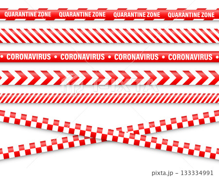 Quarantine zone warning tape. Novel coronavirus outbreak. Global lockdown. Red coronavirus danger stripe. Police caution line, restricted area. Construction tape. Vector illustration 133334991