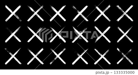 Grunge crosses, brush strokes, x mark, lines, ink smudges, hand-drawn scribble shapes. Handmade sketchy marks, acrylic stains, charcoal streaks. Paint textures, dry brush effect. Vector illustration 133335000