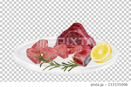 Tuna fillet on a plate with lemon and rosemary branches watercolor. Hand-drawn ocean fish on a white background. Food clip art. Perfect for restaurant menu recipe books and Japanese cuisine. 133335006