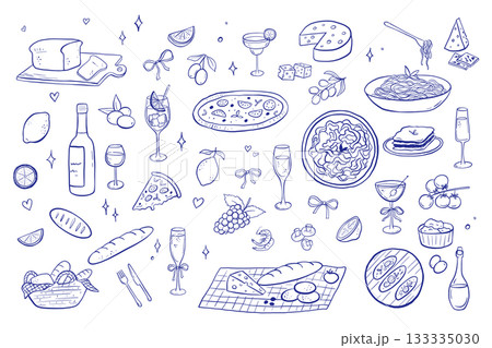 Whimsical Italian dinner elements - bruschetta, pizza, pasta. Modern line art illustrations with chalk for menu or culinary stickers. Hand drawn icons set, vintage kitchen sketch Whimsical Italian dinner elements - bruschetta, pizza, pasta. Modern line art illustrations with chalk for menu or culinary stickers. Hand drawn icons set, vintage kitchen sketch 133335030