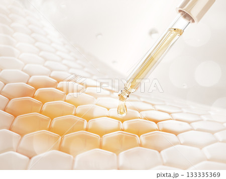 3d oil pipette drips onto skin cells. Epidermis hexagon pattern with liquid gold drop of cosmetic castor or turmeric oil serum. Beauty facial skincare with dropper and vitamin essence. 3D illustration 133335369