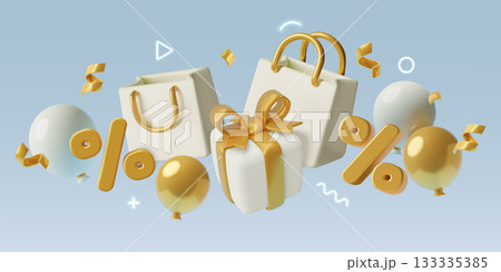 Holiday sale and discount concept composition of 3D vector objects and neon glow abstract decoration Holiday sale and discount concept composition of 3D vector objects and neon glow abstract decoration 133335385