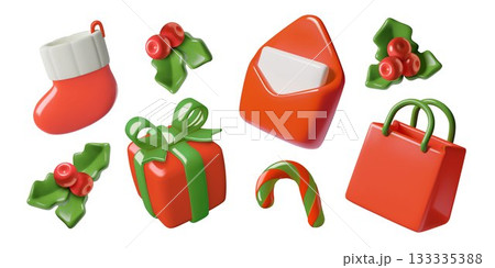 Christmas presents 3d icon set with stocking gift box shopping bag letter candy cane and holly berry 133335388