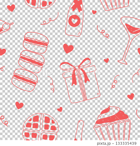 Galentine's Day seamless pattern background. Cute hand drawn doodle texture with waffle, cocktail, cupcake, and gift box. Festive brunch party illustration for wrapping paper, textile, and wallpaper Galentine's Day seamless pattern background. Cute hand drawn doodle texture with waffle, cocktail, cupcake, and gift box. Festive brunch party illustration for wrapping paper, textile, and wallpaper 133335439
