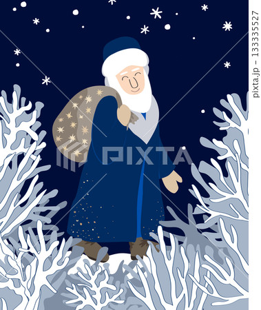 Cute Saint Nicholas walking through the winter forest with a gift sack. Cartoon Santa character with a gift bag. Saint Nicholas day vector illustration. 133335527