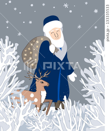 Cute Saint Nicholas and deer walking through the winter forest with a gift sack. Cartoon Santa character with a gift bag. Saint Nicholas day vector illustration 133335533