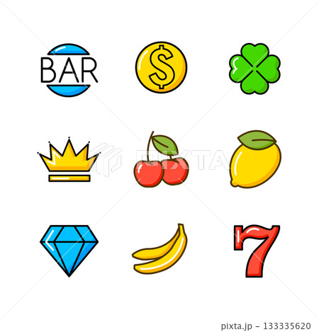 Slot machine casino symbol icon set. Fruit game cherry vector bar flat luck element design 133335620