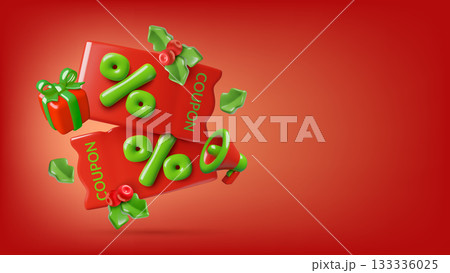 3d Christmas sale coupons on red background with holly berry gift box and megaphone 133336025