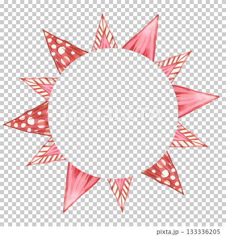 Watercolor round frame of flags in bright pink. All objects are hand-painted in watercolor. The illustration is perfect for printing on postcards, invitations, creativity, design. Watercolor round frame of flags in bright pink. All objects are hand-painted in watercolor. The illustration is perfect for printing on postcards, invitations, creativity, design. 133336205