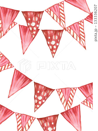 Holiday or birthday card with colored flags, all objects are hand-painted with watercolor and isolated on a white background. The illustration is perfect for printing on paper. 133336207