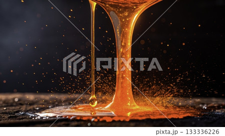 Bright orange liquid drips from glass onto a dark surface in a studio setting 133336226