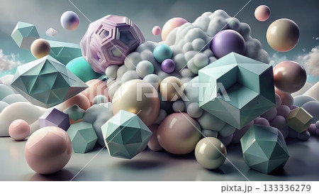 Colorful geometric shapes and soft clouds create a surreal scene with textures and forms 133336279