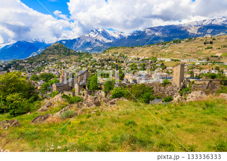 Panoramic view from a hill over City of Sion with and Swiss Alps in Canton Valais, Switzerland Panoramic view from a hill over City of Sion with and Swiss Alps in Canton Valais, Switzerland 133336333