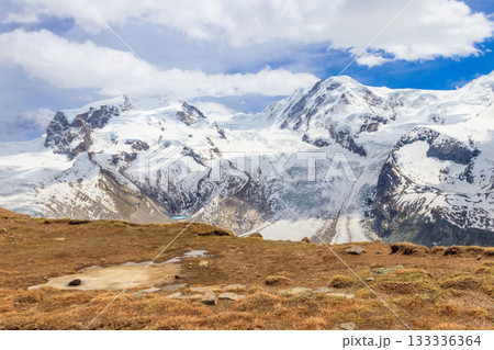 Magnificent panorama of the Pennine Alps with famous Gorner Glacier and impressive snow capped mountains Monte Rosa Massif close to Zermatt, Switzerland 133336364