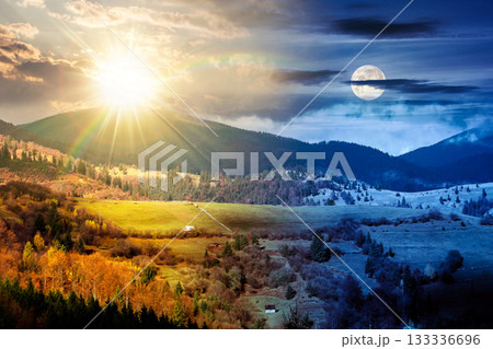 autumn landscape of rural region in mountains. day and night time change concept. rolling hills with green alps with sun and moon. serene countryside under cloudy sky. duality and transition template autumn landscape of rural region in mountains. day and night time change concept. rolling hills with green alps with sun and moon. serene countryside under cloudy sky. duality and transition template 133336696