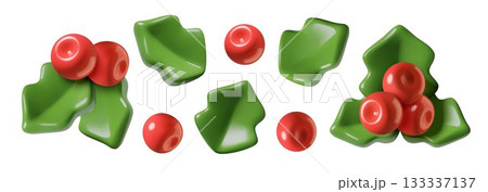 Christmas holly berry winter holiday plant cute minimal 3d vector elements set Christmas holly berry winter holiday plant cute minimal 3d vector elements set 133337137