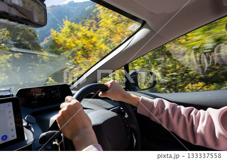 秋の山道を運転している男性の手元 秋の山道を運転している男性の手元 133337558