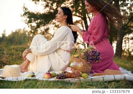 Taking care of hair, helping. Lesbian couple is together on the picnic in nature 133337679