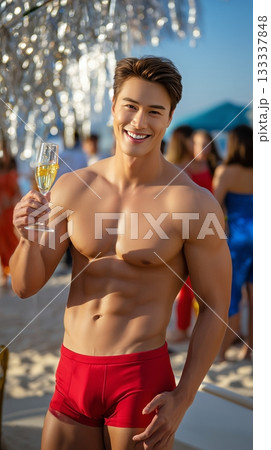 Handsome Male Model in Red Bikini Partying at Beachside 133337848