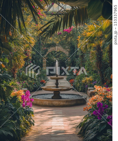 A serene garden pathway leads to a beautiful fountain. Lush greenery surrounds vibrant flowers. The atmosphere is calm and enchanting. Generative AI 133337965
