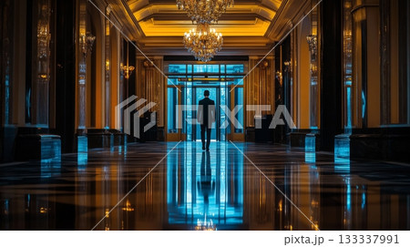 A tall figure walks through a luxurious hallway adorned with chandeliers. The walls glisten with elegance. A moment of reflection captured in a grand space. Generative AI 133337991