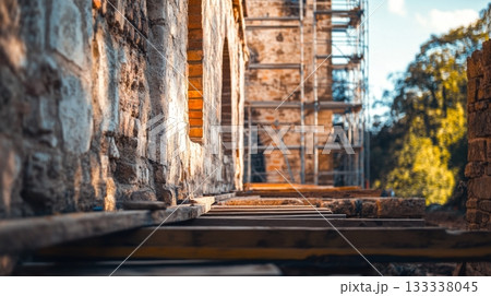 A close-up view of a building under renovation. The intricate details of the structure are highlighted by natural light. Scaffolding adds to the atmosphere. Generative AI A close-up view of a building under renovation. The intricate details of the structure are highlighted by natural light. Scaffolding adds to the atmosphere. Generative AI 133338045