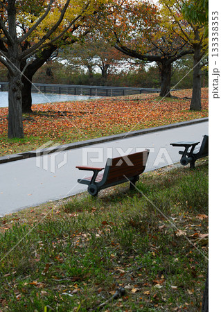 水辺の遊歩道に佇む秋の静かな休憩スペース 水辺の遊歩道に佇む秋の静かな休憩スペース 133338353